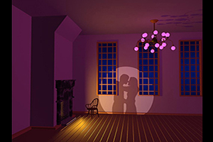 3D room with fireplace, window and chandelier lit for mood